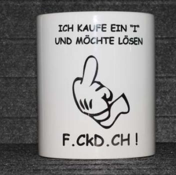 Weiße Tasse mit Spruch  "ICH KAUFE UND MÖCHTE LÖSEN "F_CK D_CH" "